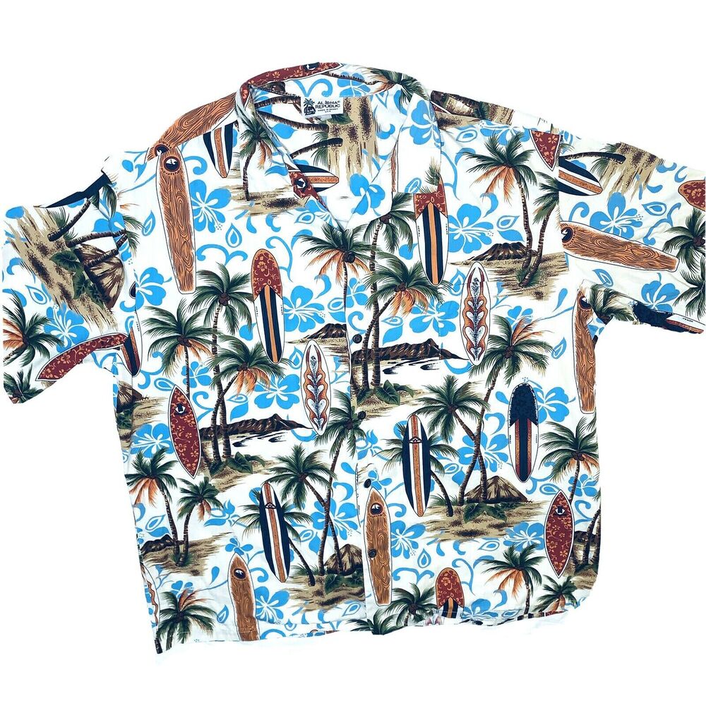 2X Aloha Republic Hawaiian Shirt Mens Surfboards Volcanos Beach EUC